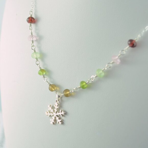 Snowflake Necklace with Christmas Gemstones in Sterling Silver - Picture 2 of 5